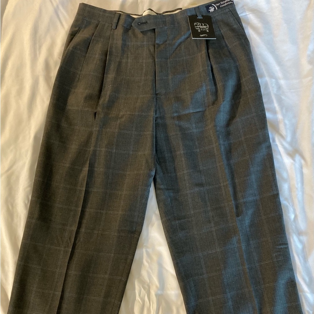 NWT MEN’S HART SCHAFFNER MARX FINE MERINO WOOL GRAY PLAID PANTS SIZE 36R